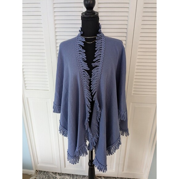 Coldwater Creek Women's One Sz Ruana Fringe Knit Wrap Shawl Cape Periwinkle Boho - Picture 1 of 9